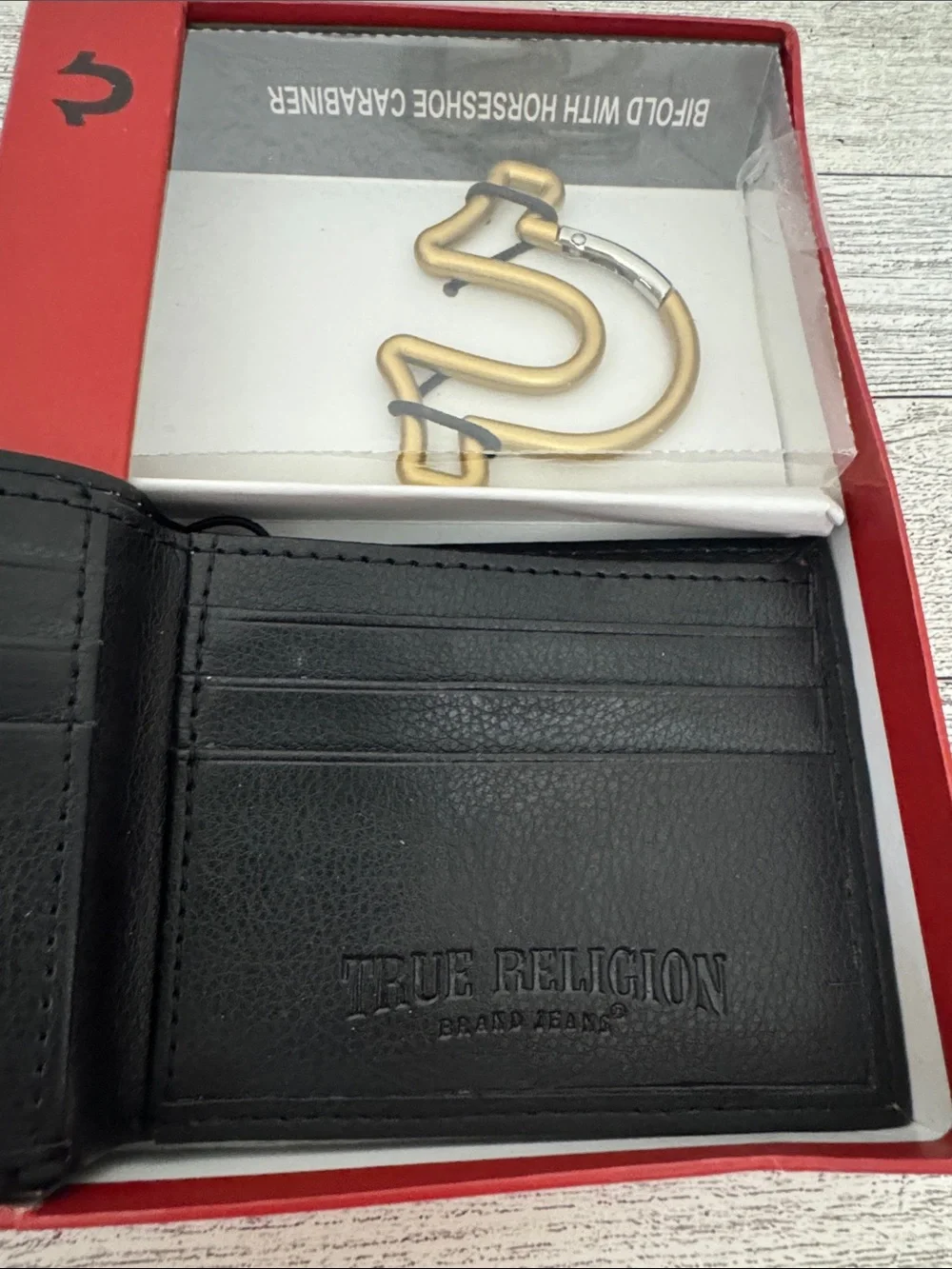 True Religion Black Leather Card Holder with Horseshoe Carabiner NWT